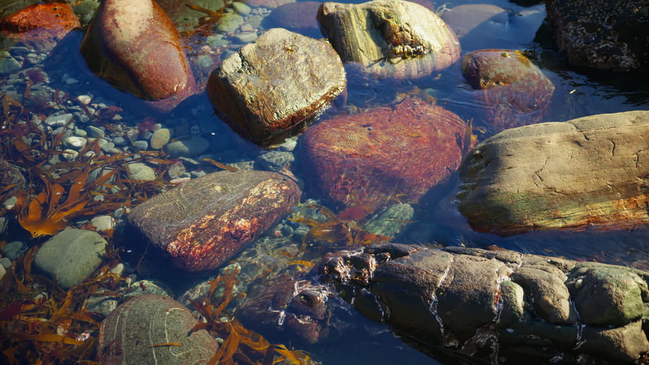 Water flowing through rocks with seaweed being dragged with the flow