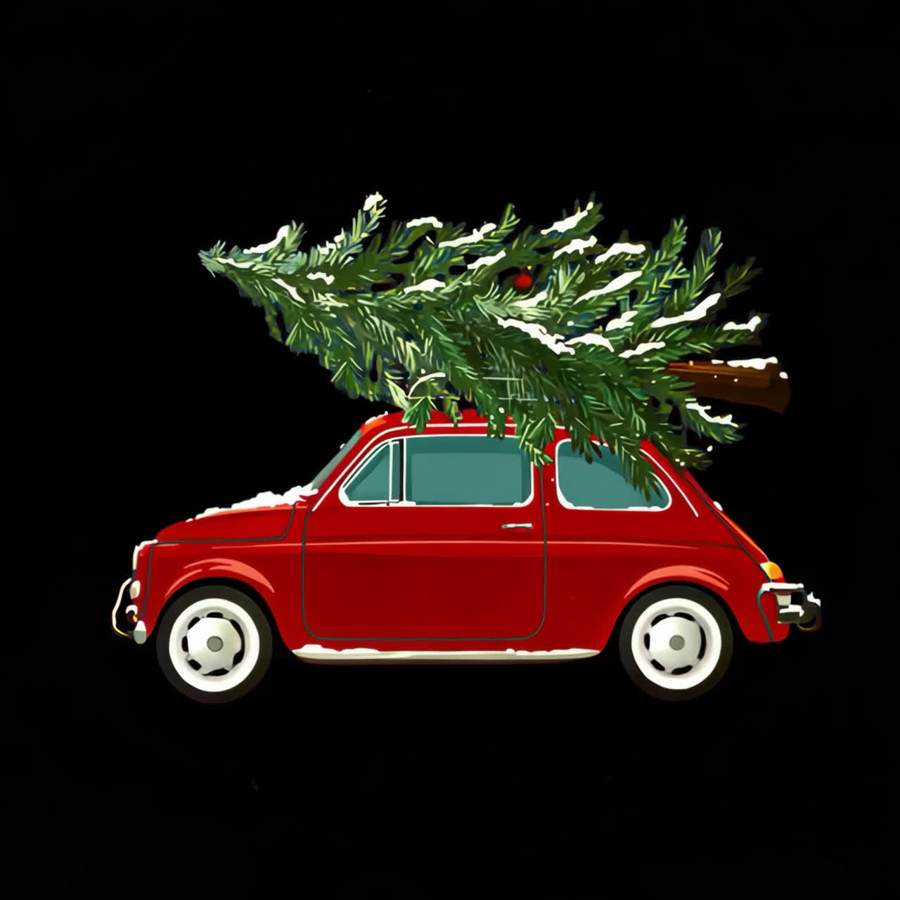 Vintage car with Christmas tree animation isolated asset, transparent 4K video, alpha channel