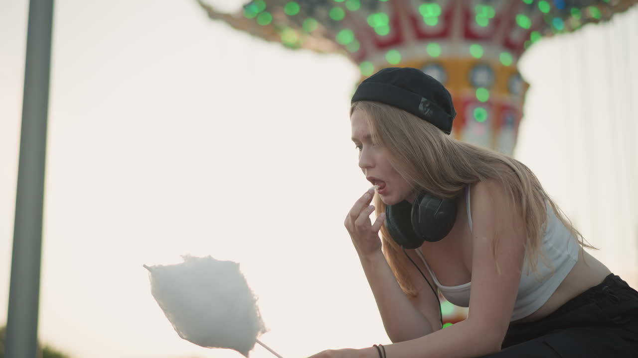 pensive caucasian girl with cotton candy leaning near swing ride at dusk, headphones resting around neck, nibbling sticky floss, watching lights awaken, quiet festival mood, urban summer evening