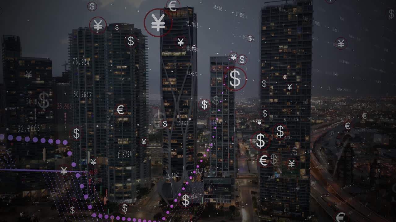 animación de una ciudad inteligente moderna con un rascacielos iluminado por la noche y una gráfica que muestra el aumento del precio del alquiler de apartamentos, oficinas y pisos en el centro de la ciudad.