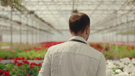 man walking through a vibrant greenhouse filled with flowering plants