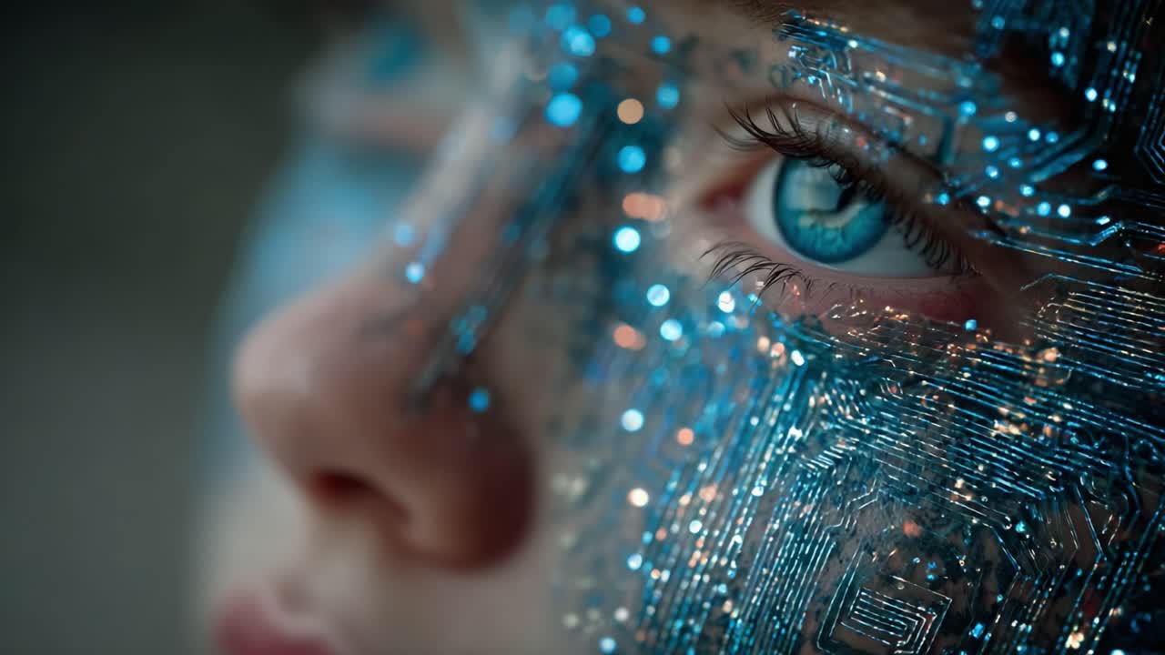 A Visually Striking Close-Up of a Child's Face Enhanced with Intricate Blue Circuit Patterns, Merging Technology and Humanity in an Artistic Representation of Digital Identity