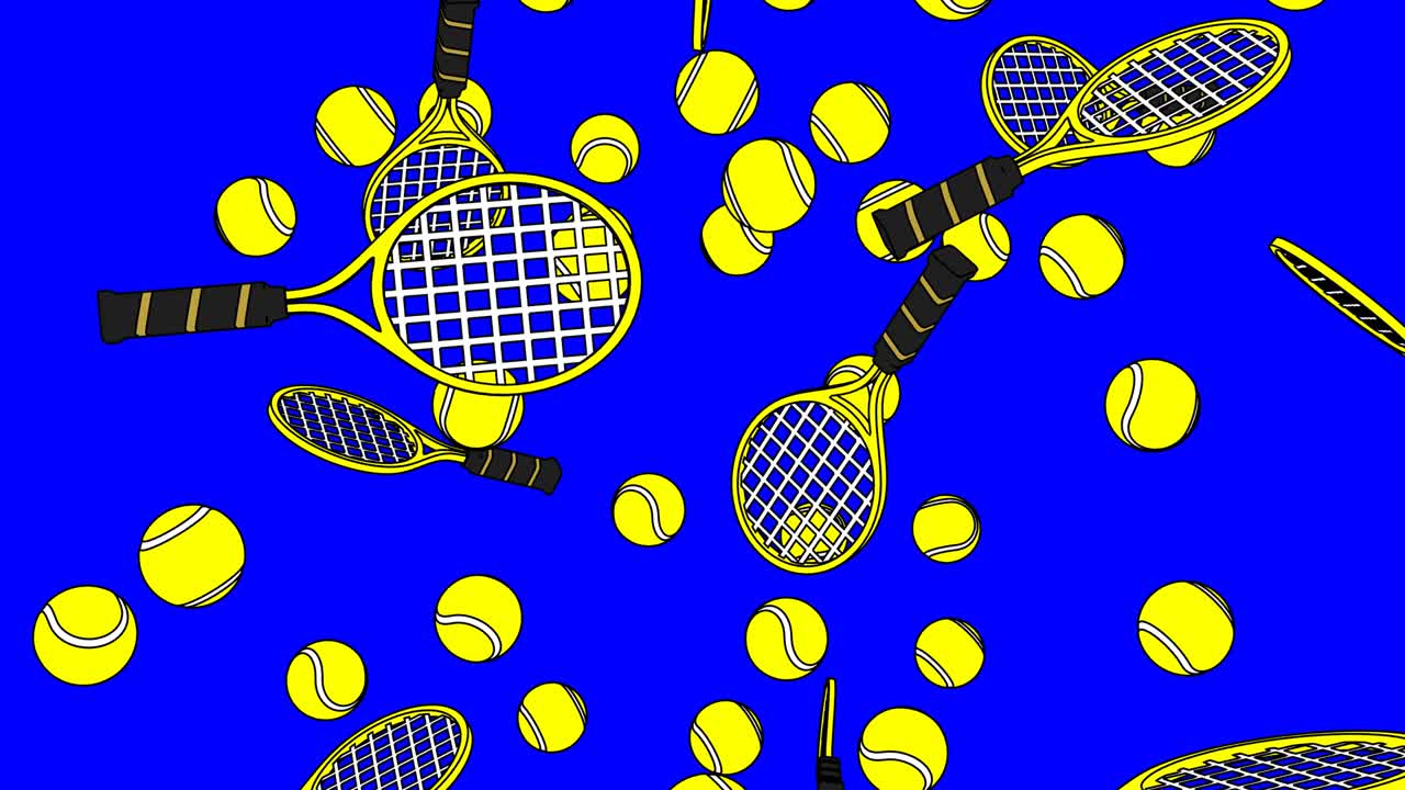 푸른 크로마 키 배경에 노란색 테니스 공과 테니스 라켓.