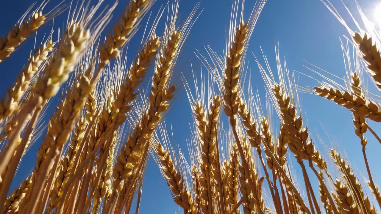 Low-angle video shot of golden wheat stalks against a clear blue sky, capturing the vibrant, natural