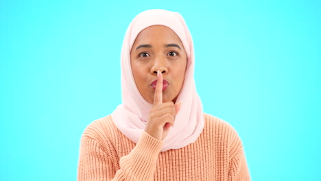 Muslim-woman,-secret-and-finger-on-lips