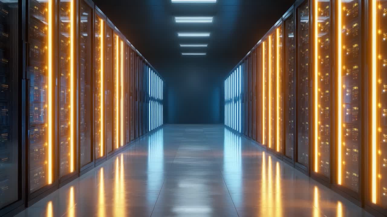 Una prospettiva mozzafiato di un moderno data center che mostra file di server ad alta tecnologia con illuminazione migliorata, catturando l'essenza della tecnologia all'avanguardia e della gestione dei dati.