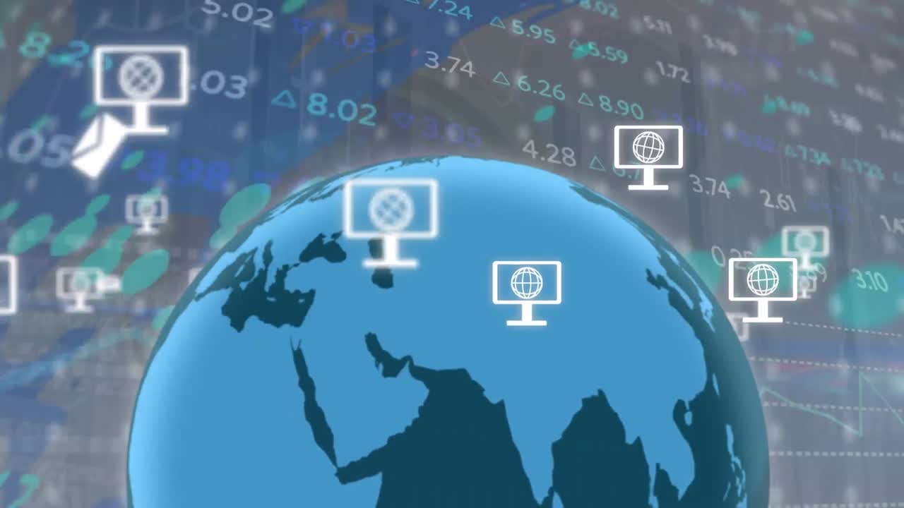 주식 시장 데이터 처리에 대항하여 회전하는 지구상에서 컴퓨터 네트워크 아이콘의 애니메이션