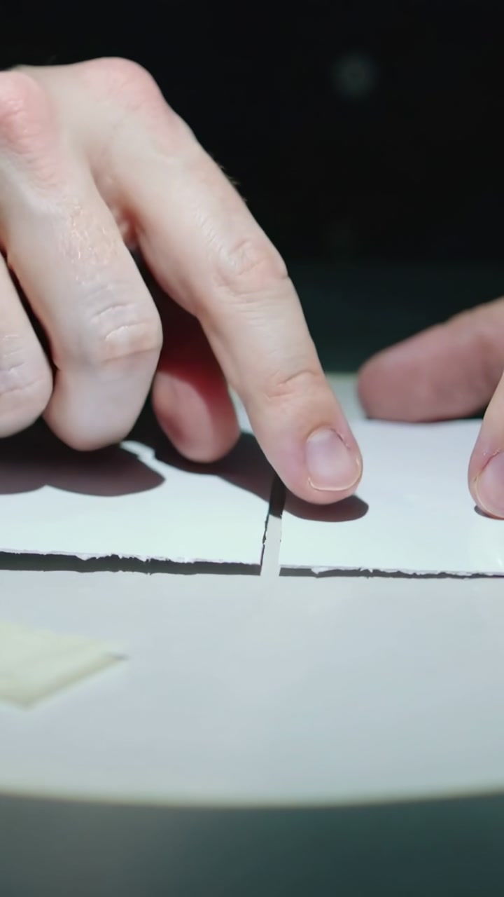 Vertical video: Hands entering probing aligning torn paper on studio bench to match seam with pad