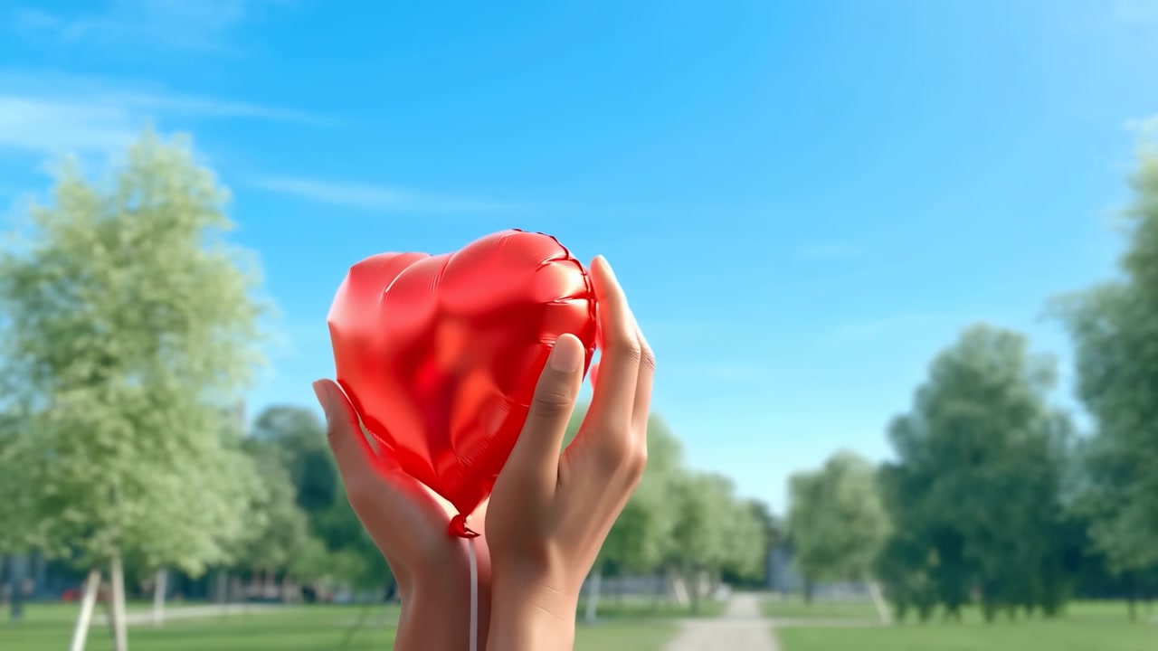 Mani che rilasciano un palloncino rosso a forma di cuore che sale in un cielo azzurro brillante sopra un parco sfocato, creando un'atmosfera romantica ed edificante con celebrazione, speranza, gioia, estate e libertà all'aperto.
