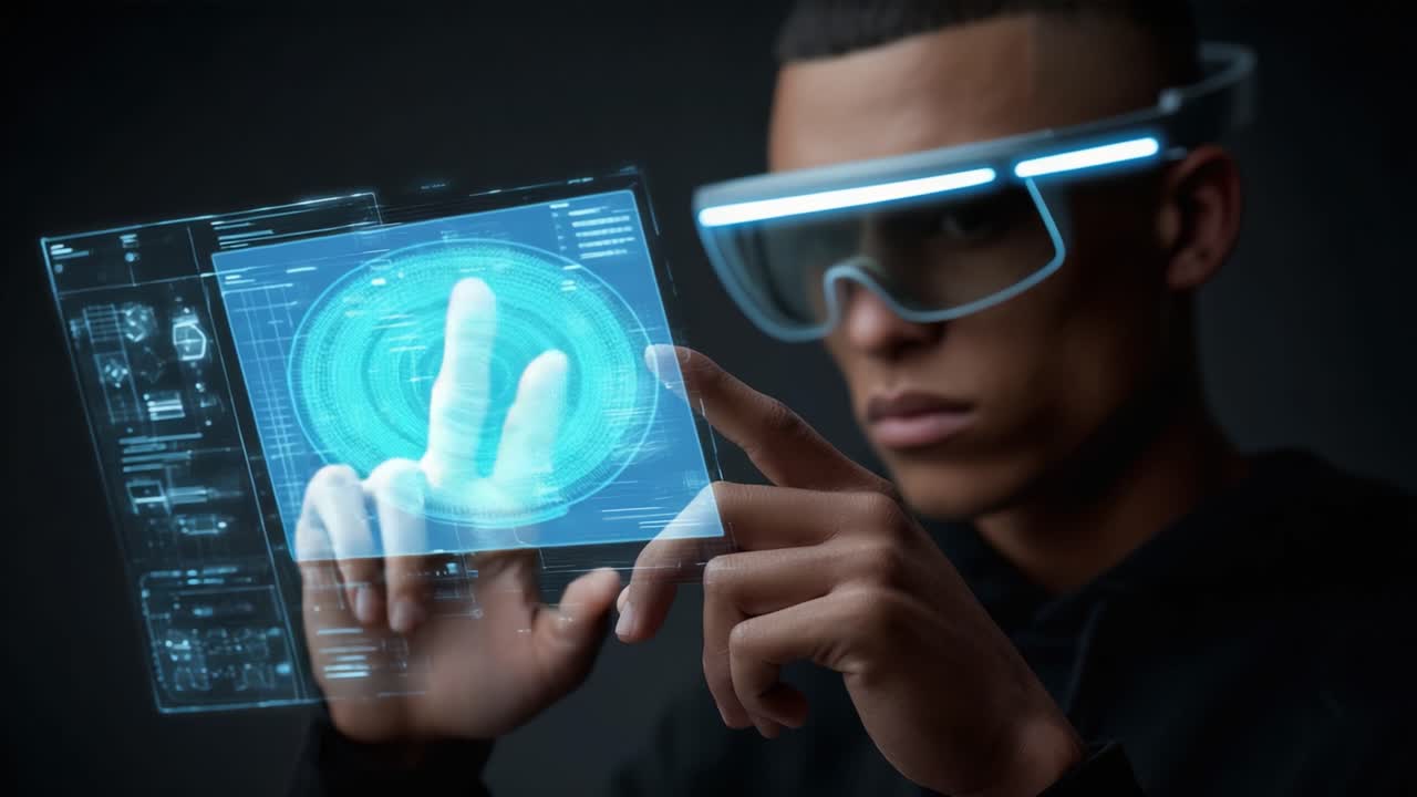 Futuristic technology meets human interaction as a person uses advanced augmented reality glasses to manipulate holographic displays, showcasing innovation and digital evolution