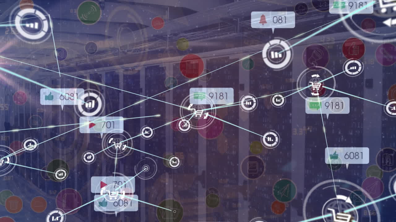 animación de la red de conexiones y los iconos de las redes sociales en los servidores