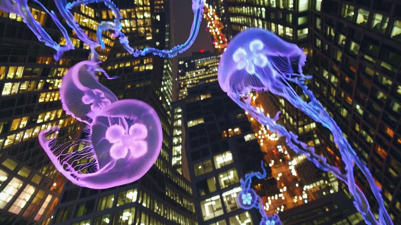 Bioluminescent jellyfish gracefully drifting through luminous urban landscape, blending ethereal marine life with modern cityscape's glowing architectural geometry