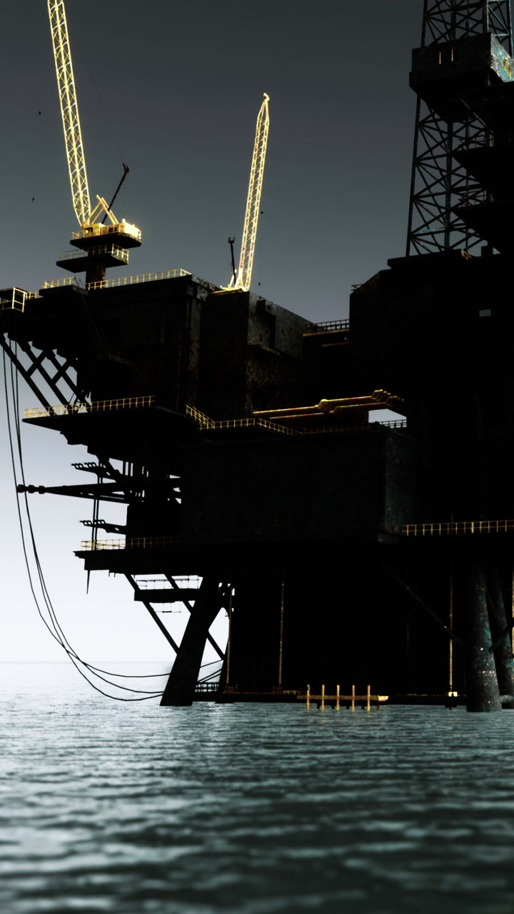 Oil rig stands tall against twilight sky over calm waters