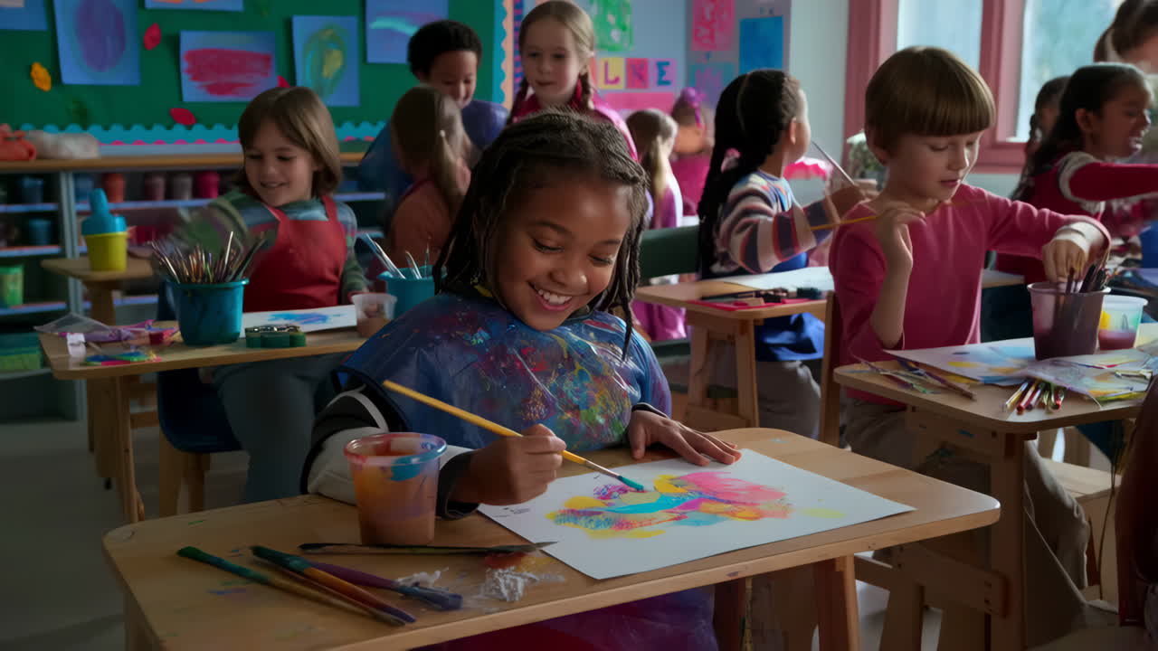 Children happily painting in an art classroom