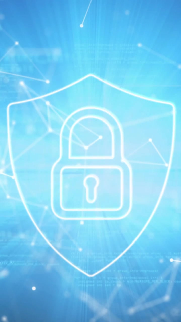 Animazione di icona lucchetto di sicurezza, rete di connessioni e icone digitali su sfondo blu.