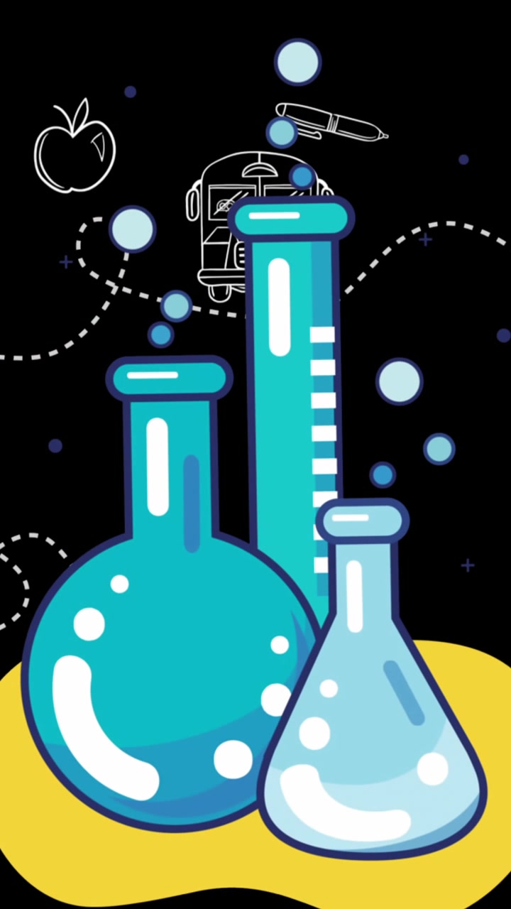 Animation af ikon for laboratorieudstyr over ikoner for skolekoncepter mod sort baggrund