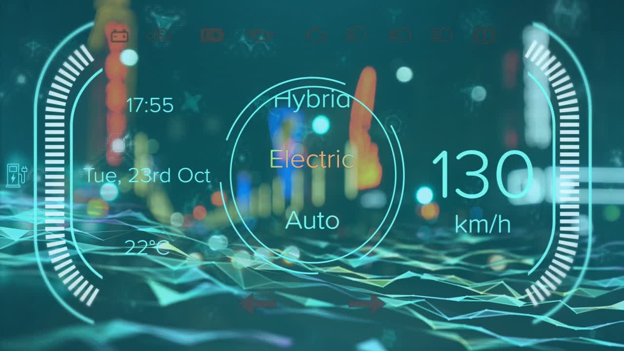 텍스트의 애니메이션, 스피도미터의 숫자, 뉴클레오티드 및 동적 파동, 거리에서 는 사람들