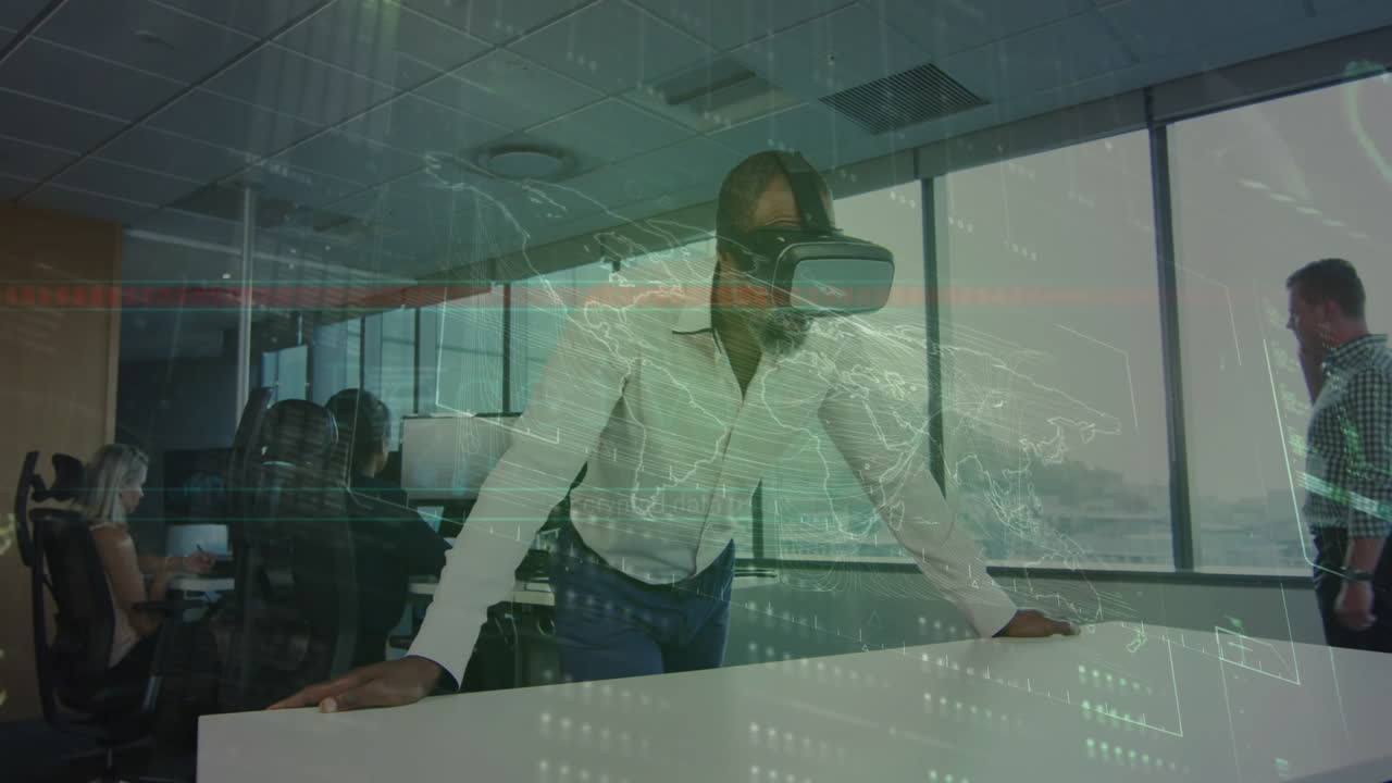 Using virtual reality headset, man exploring digital animation map in office