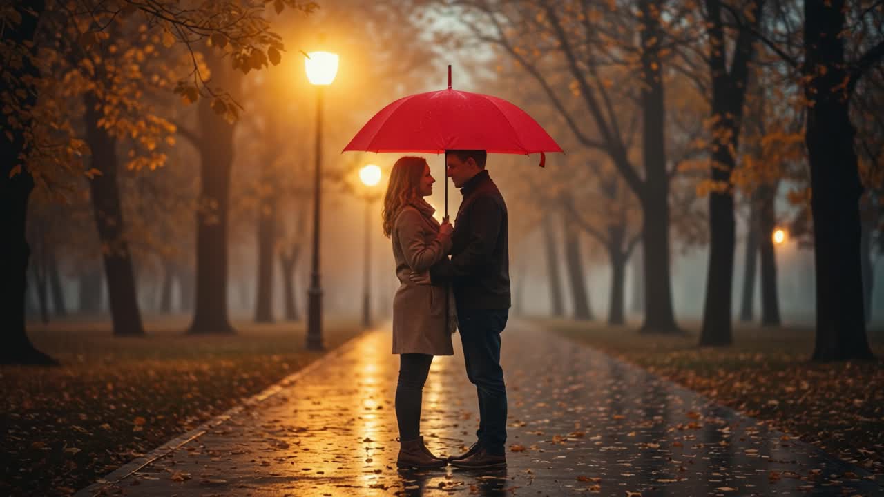 Couple Under Red Umbrella in Autumn Rain