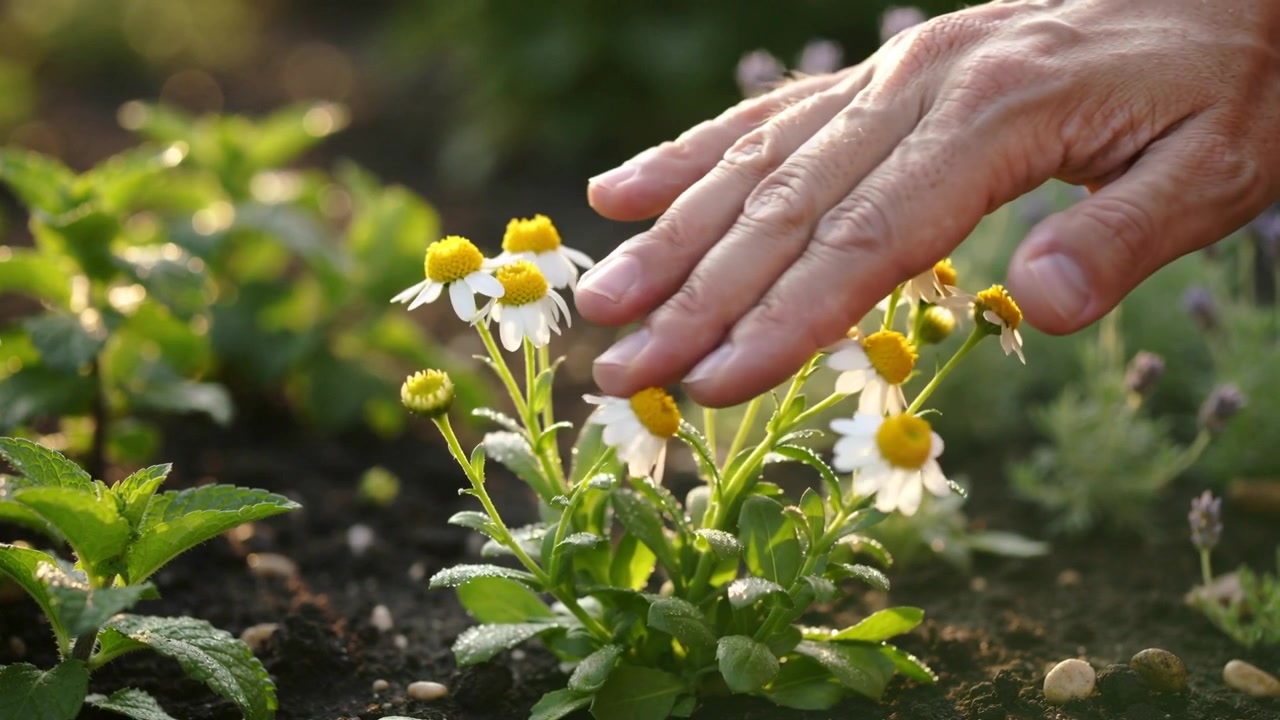 Von rechts nähert sich eine unbedeckte Seniorenhand, die über Kamille in einem Gartenbeet gleitet und deren Gesundheit prüft.