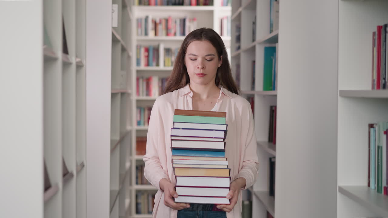 una mujer lleva una pila de libros en el almacén de la universidad. un joven bibliotecario reúne una pila de literatura para el cliente que camina entre las estanterías. educación de los estudiantes