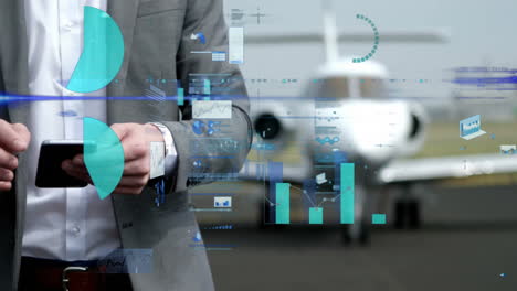 análisis de negocios y animación de visualización de datos sobre el hombre usando teléfono inteligente cerca del avión