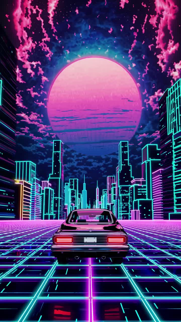 Escena de vídeo retrofuturista con vista a coche en carretera de neón en ángulo bajo