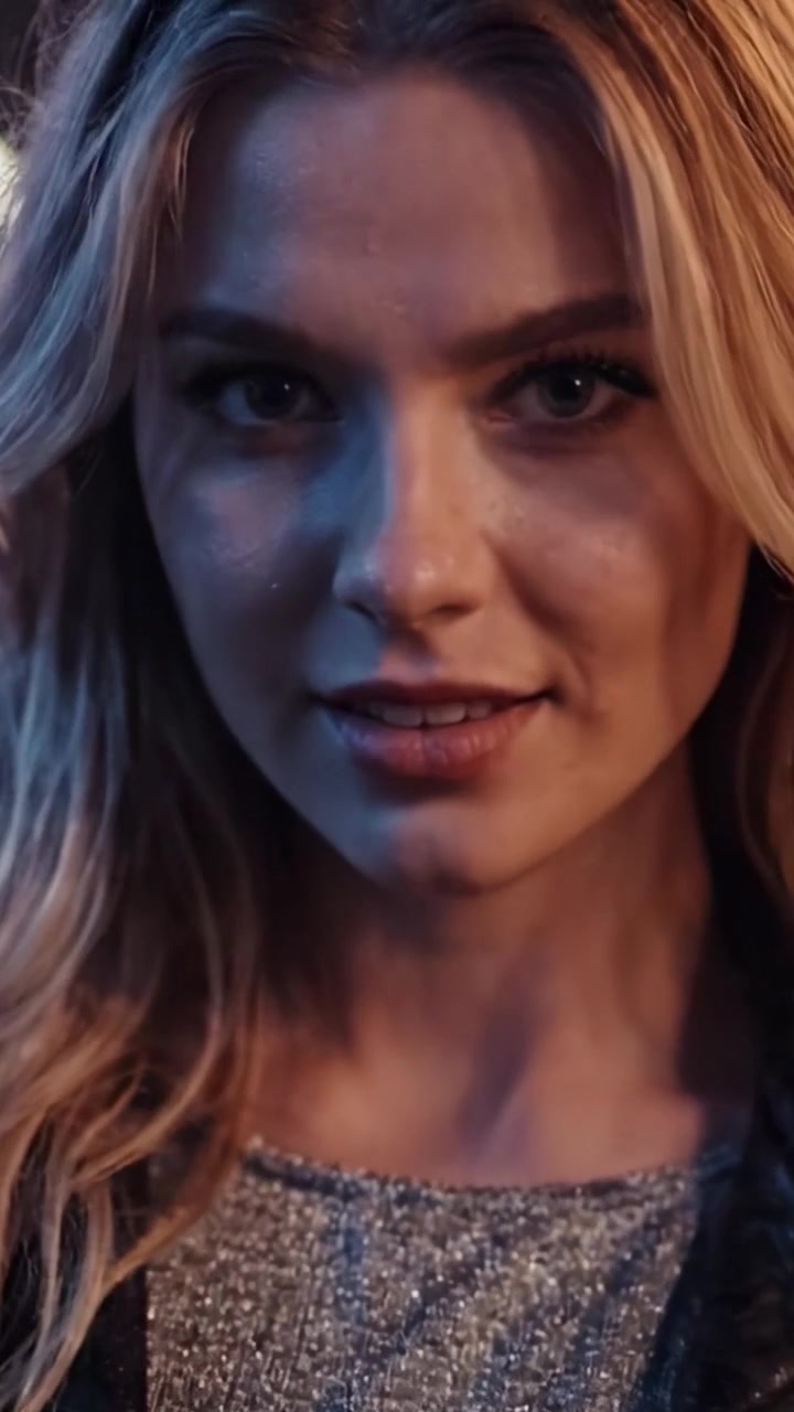 Ritratto accattivante di una giovane donna con capelli lunghi che mostra un sorriso fiducioso in un vivace contesto urbano con bellissime luci bokeh sullo sfondo.
