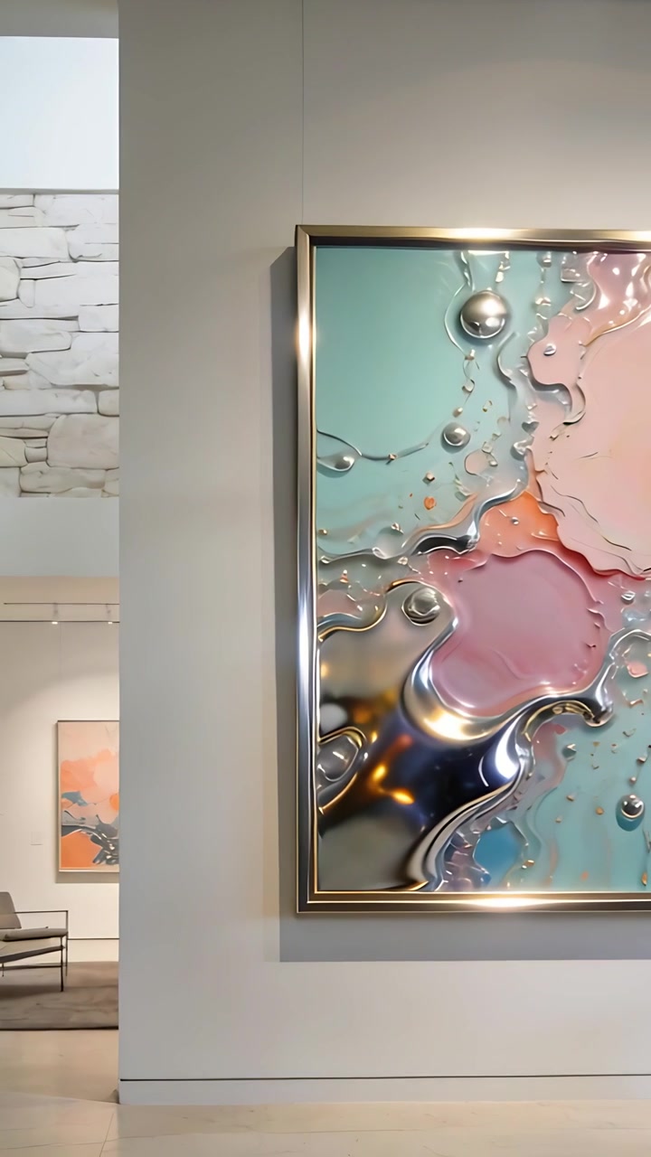 Video verticale: Panoramica della telecamera che rivela un elemento astratto lucido perfettamente inserito nell'ambiente domestico, mostrando un divano a sinistra, con spazio per il testo.