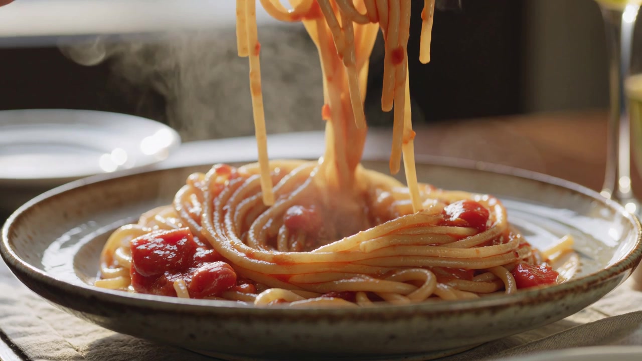 Primo piano di una mano che avvolge spaghetti caldi al sugo di pomodoro su una forchetta