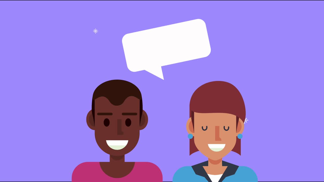 pareja joven interracial con personajes de burbuja de habla