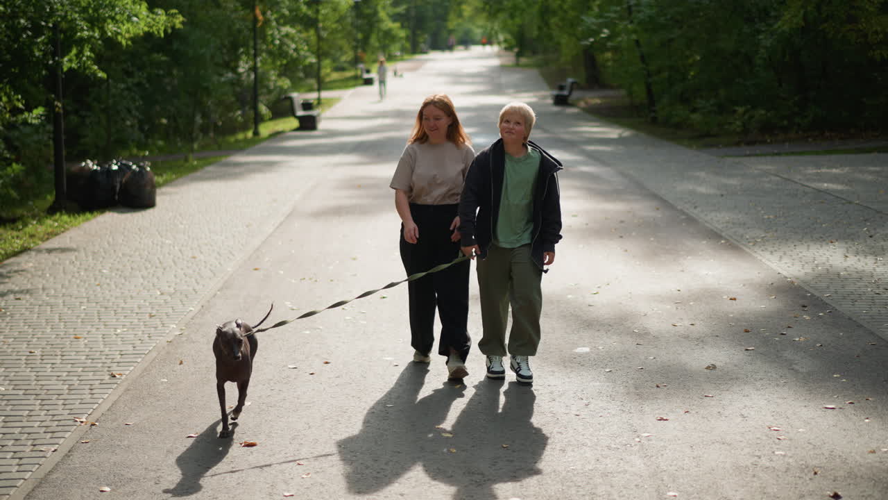 Girl And Boy Strolling, Children Walking Together Outdoors, Woman And Child Exploring Park With Pet And Friendly Talk, Woman And Her Son Take Leisurely Walk With Their Dog Through Lush Park