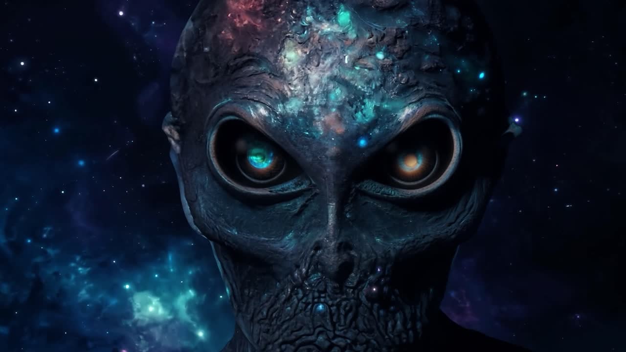 крупный план лица инопланетянина с светящимися глазами на звездном фоне
