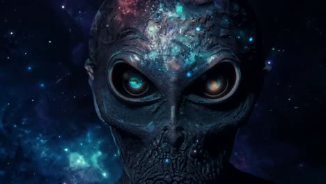 close-up of an alien's face with glowing eyes against a starry background