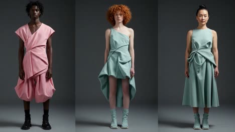an artistic showcase of unique fashion styles: a vibrant collection featuring innovative draping and bold colors with models displaying contemporary designs