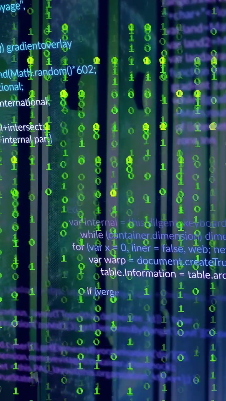 Streaming neon green binary and layered code over vertical slatted panels, revealing purple bands