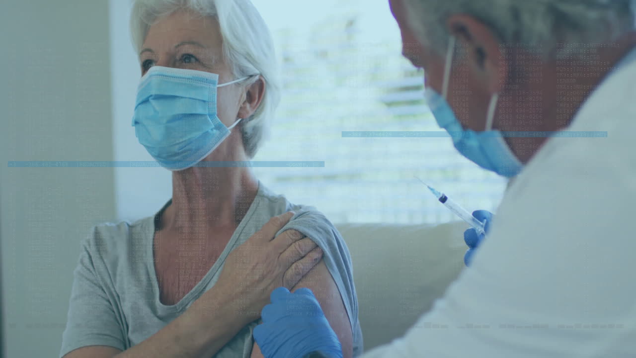 Senior female patient sitting in clinic, receiving vaccine injection with animated chart