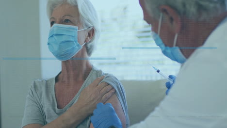 senior female patient sitting in clinic, receiving vaccine injection with animated chart