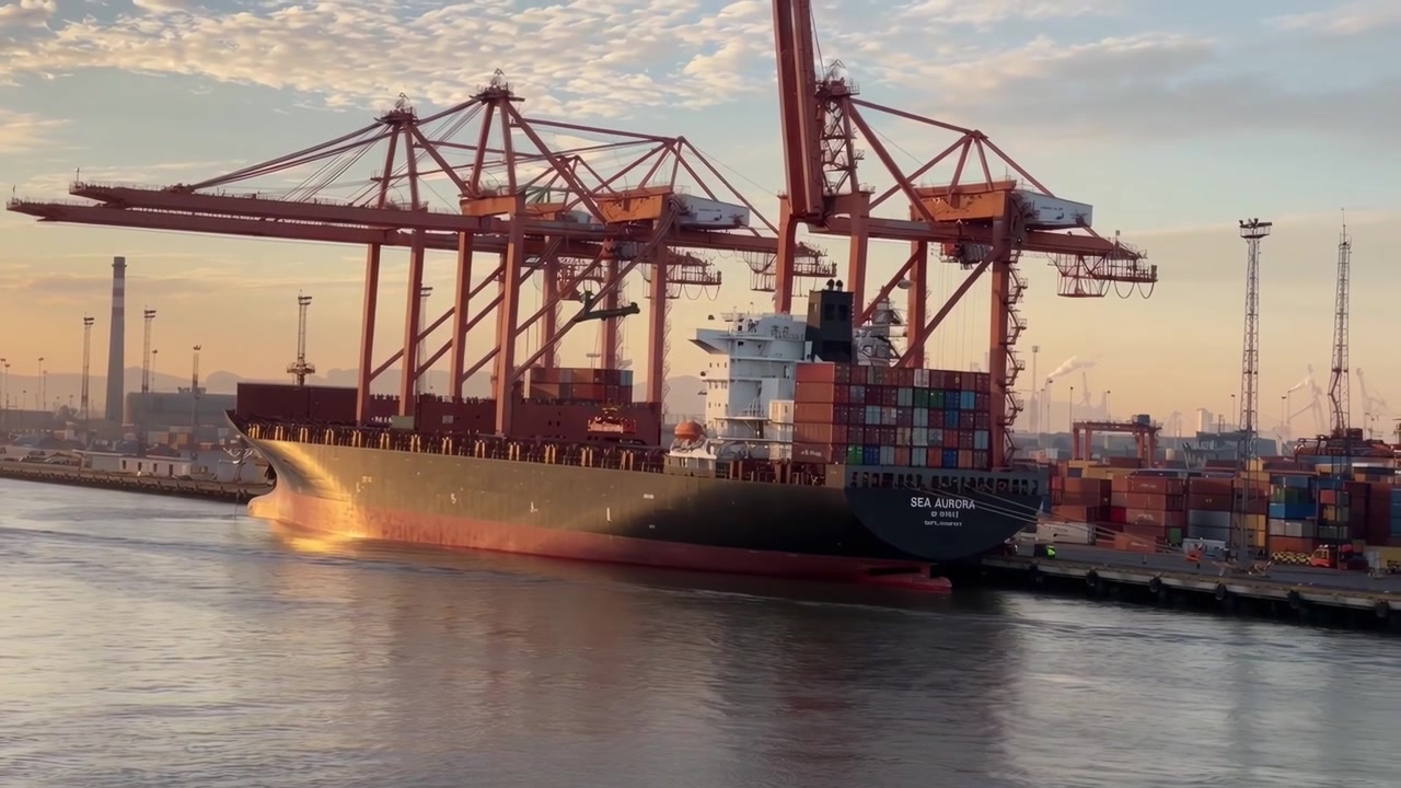 Large Container Ship Docked at Industrial Port at Sunset