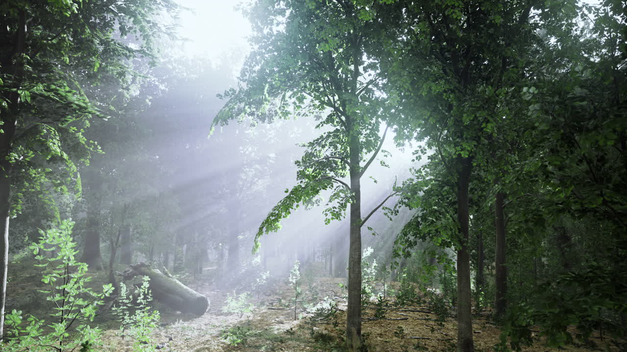 빛은 안개와 함께 조용한 숲에서 나무를 통해 필터