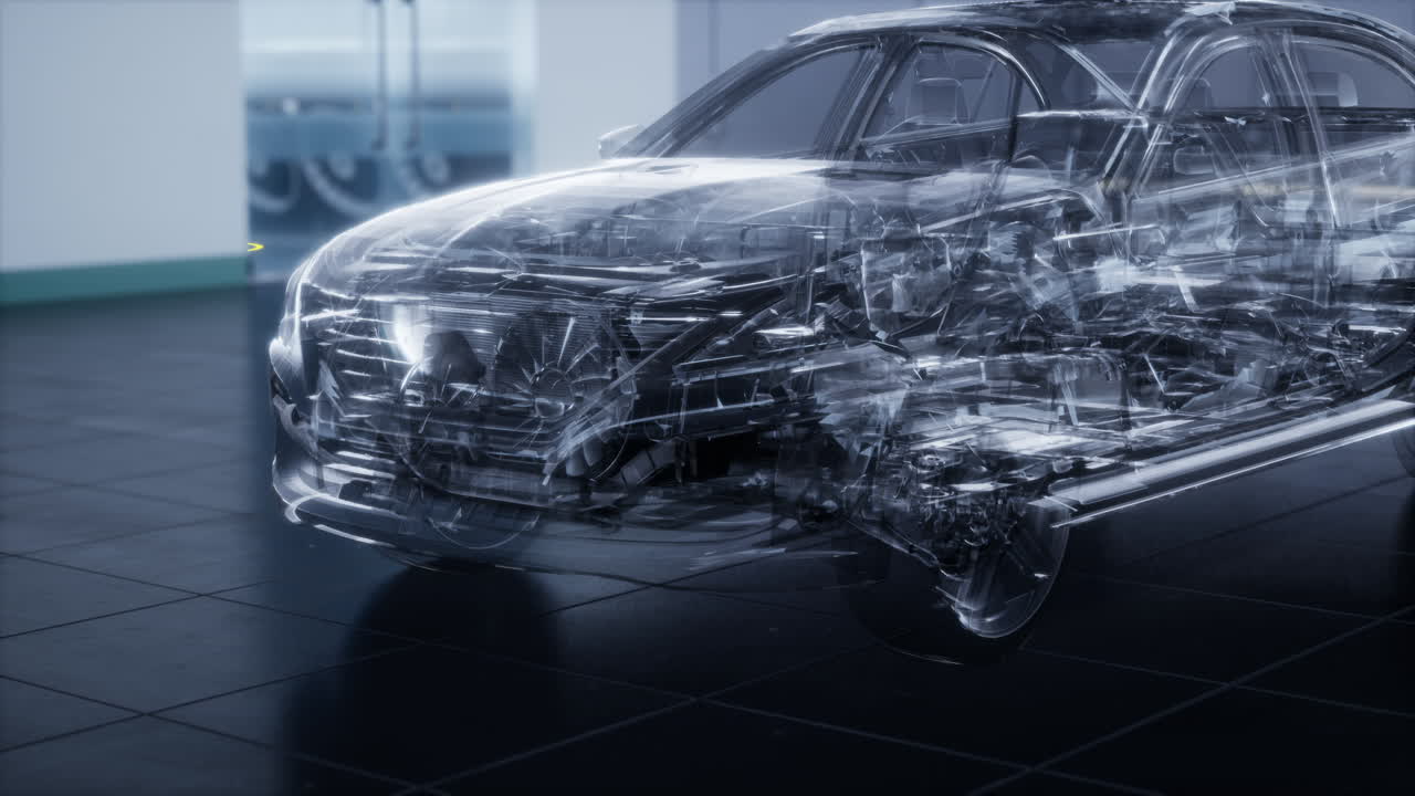 transparent car with engine in laboratory