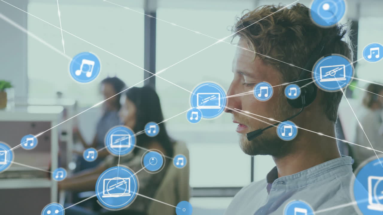 Animation of connected icons over caucasian customer representative talking with customer