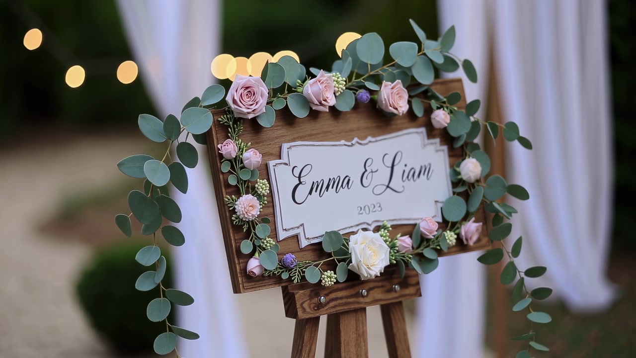 Cartello di benvenuto decorativo per matrimonio con fiori su cavalletto di legno