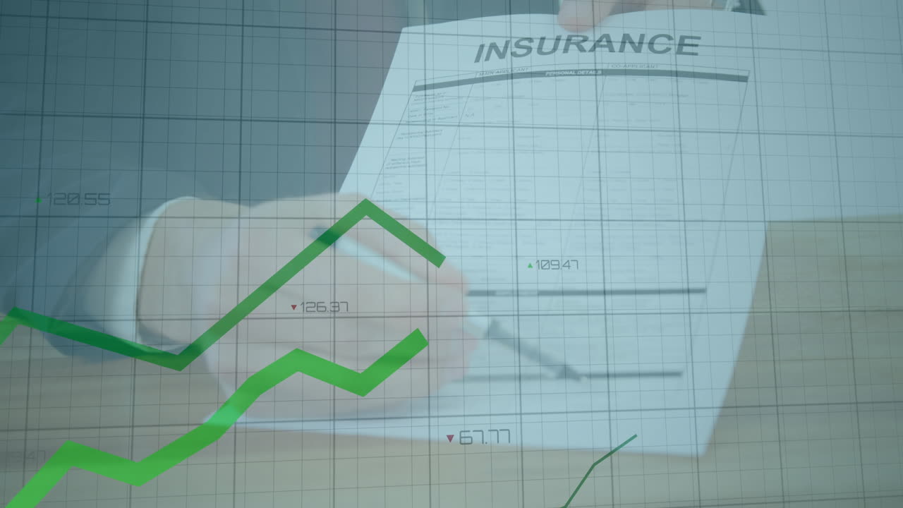Hand writing insurance form blending with animated financial charts over wooden desk flat design