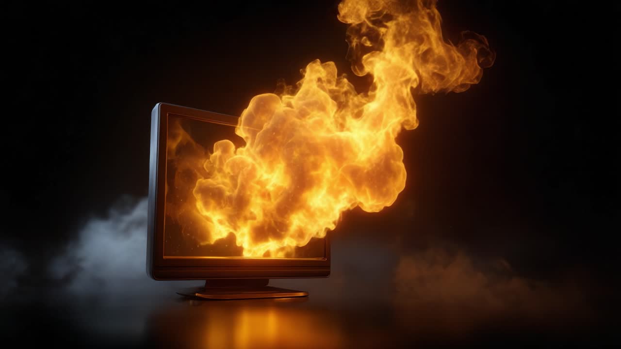 A mesmerizing display of fiery flames bursting from a computer monitor, symbolizing the blend of technology and intense energy captured in this unique visual representation