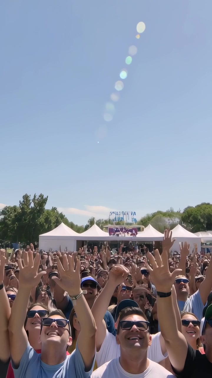 Vertikal video: Festivalpublikum rækker ud og løfter armene i en park, rækker ud efter et stigende skarpt lys.
