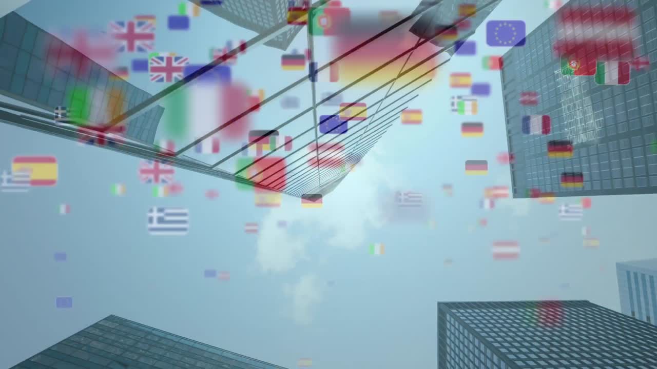animación de banderas de las naciones europeas y la unión europea, sobre edificios modernos de gran altura