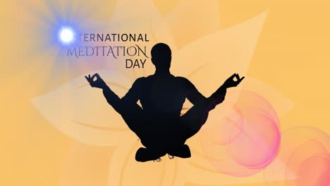 Animation-Des-Textbanners-Zum-Meditationstag-Und-Der-Silhouette-Eines-Mannes-In-Yoga-Pose-Auf-Floralem-Hintergrund