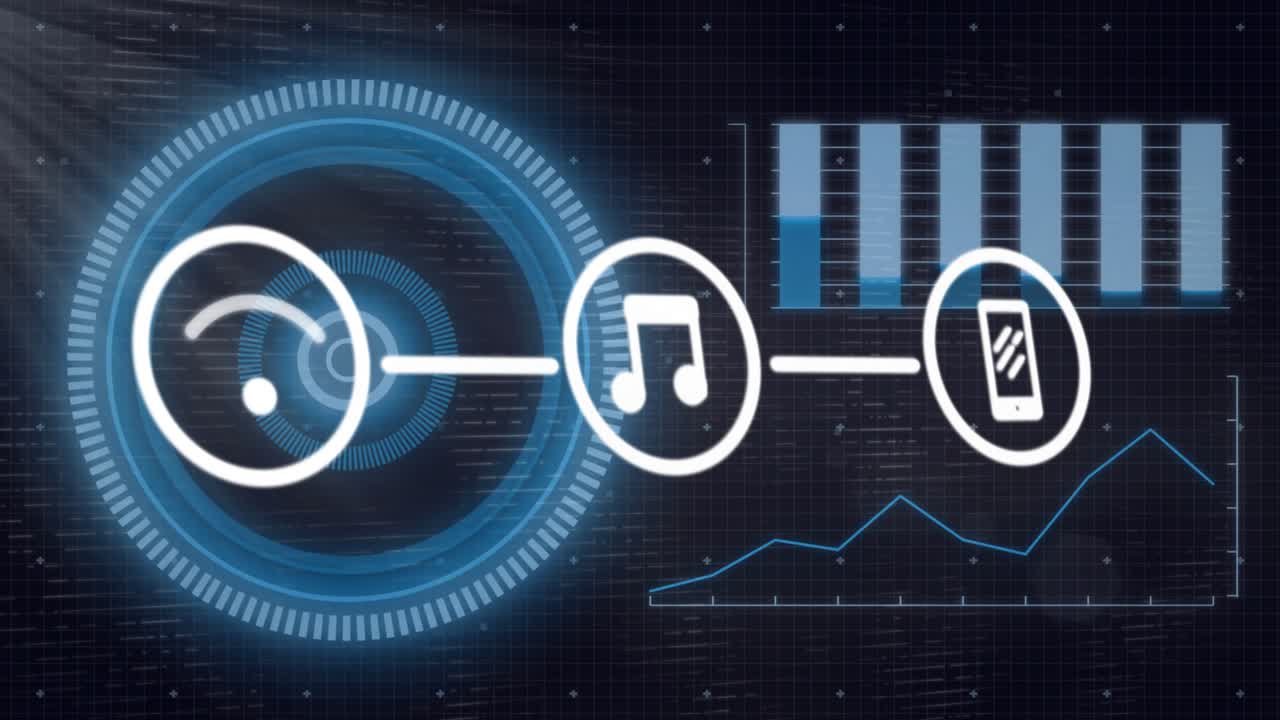 On loading dark grid radial HUD rotating charts animating, linking Wi-Fi music smartphone icons