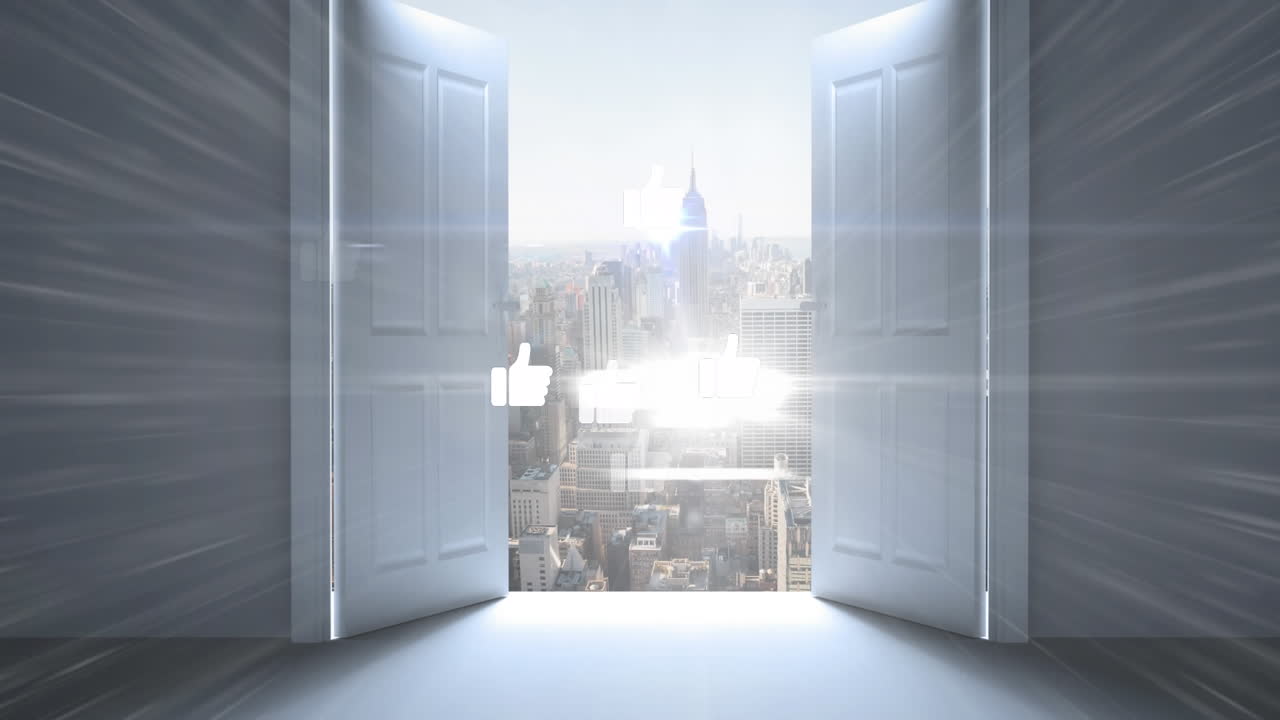 Animation of media icons and door over cityscape